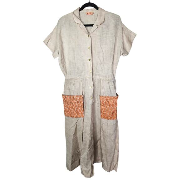 Vintage Dresses & Skirts - Vintage 50s L'Aiglon Linen Embroidered Shirt Dress Tan Orange Floral Button